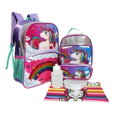 Kit Mochila Unicórnio 3d Feminina Escolar Costas Lancheira Foto  mini 1