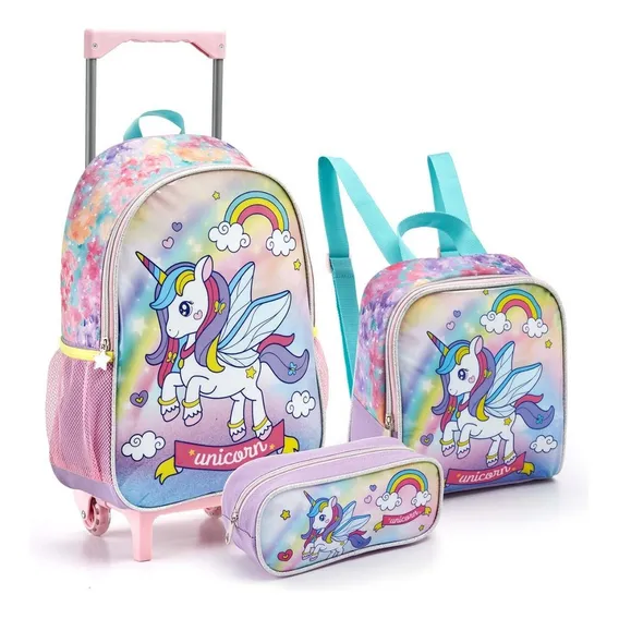 Kit Mochila Unicórnio Escolar Infantil Feminina Com Rodinhas Foto 1