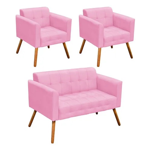 Kit Namoradeira 2 Lugares E 02 Poltronas Elisa Suede Cor Rosa Beb D'Rossi Foto 1