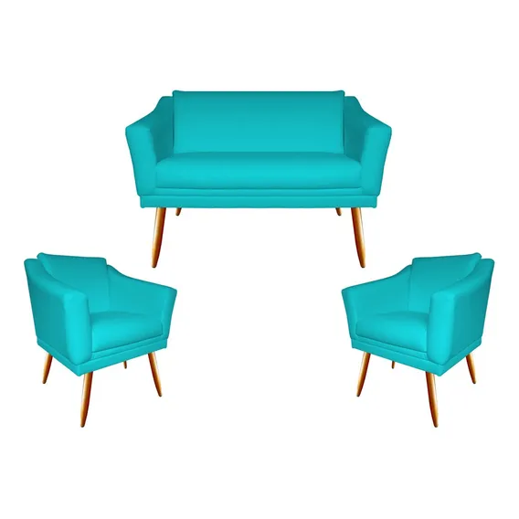 Kit Namoradeira Agatha + 2 Poltronas Suede Azul Turquesa Foto 1