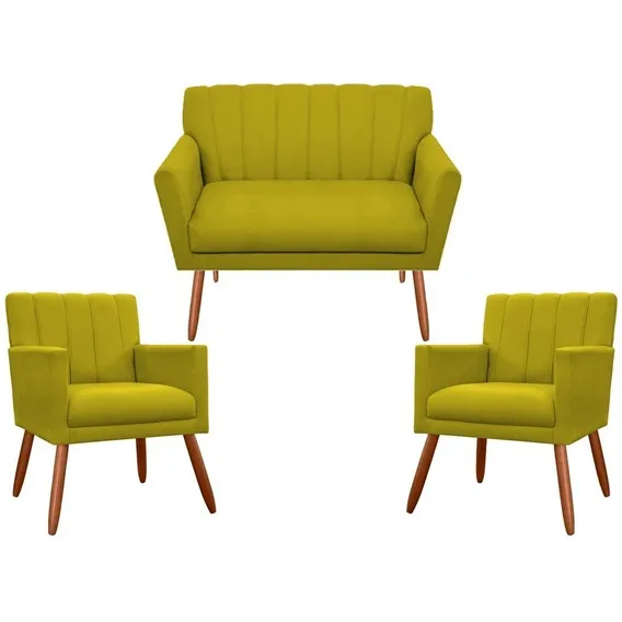 Kit Namoradeira Cecilia + 2 Poltronas Suede Amarelo Foto 1