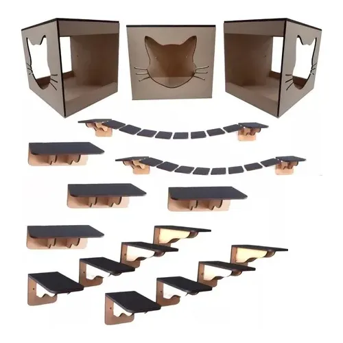 Kit Nicho Gatos 17 Pcs Toca Ponte Prateleira Degrau + Cor Mdf Cru Foto 1