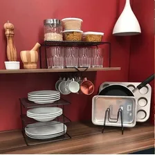 Kit Organizador Armário Cozinha Xícara Panela Prato Aço 4 Un Cor Preto Foto mini 1
