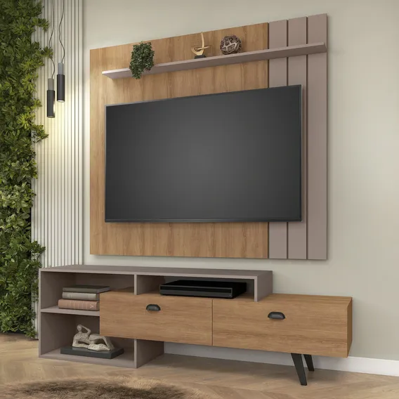 Kit Painel Com Rack Com Nicho Para Sala Cor Mel/ Fendi Foto 1