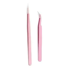 Kit Par Pinças Curva Reta Alongamento Cilios Fio A Fio Rosa Foto mini 3