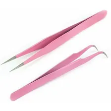 Kit Par Pinças Curva Reta Alongamento Cilios Fio A Fio Rosa Foto mini 2