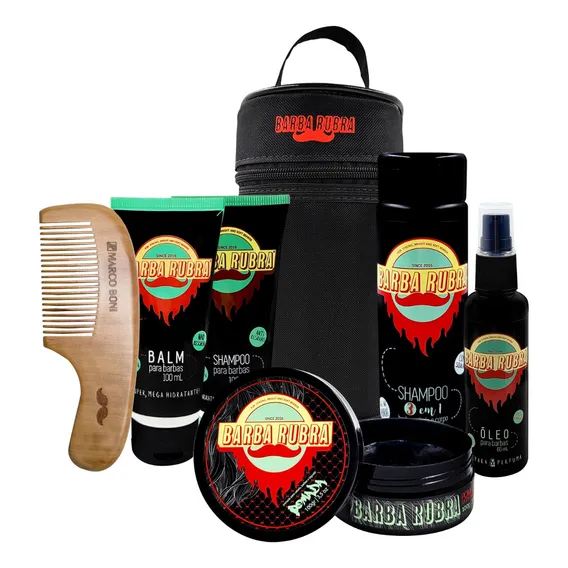 Kit Para Barba Com Óleo 60ml, Balm 100ml, Shampoo 100ml, Shampoo 3 Em 1 De 250ml, Pasta De Cabelo E Necessaire Barba Rubra E Pente De Barba E Cabelo Marco Boni Foto 1