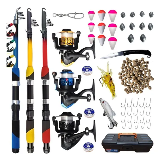Kit Pesca Completo 3 Varas Telescópica + 3 Molinetes + Iscas Foto 1