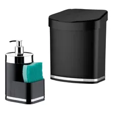 Kit Pia Cozinha Dispenser Detergente Esponja + Lixeira Preto Foto  mini 1