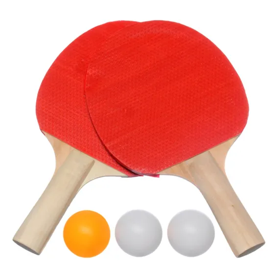 Kit Ping Pong 2 Raquetes Madeira Tenis De Mesa 3 Bolinhas Cor Vermelho E Preto Foto 1