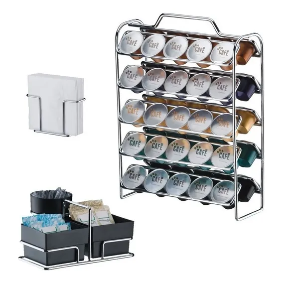 Kit Porta 50 Cápsulas Nespresso Sachês Guardanapos Cromado Cor Preto Foto 1