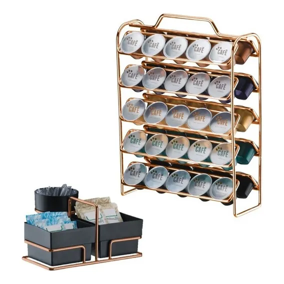 Kit Porta 50 Cápsulas Nespresso + Suporte Sachês Rosé Gold Cor Preto Foto 1
