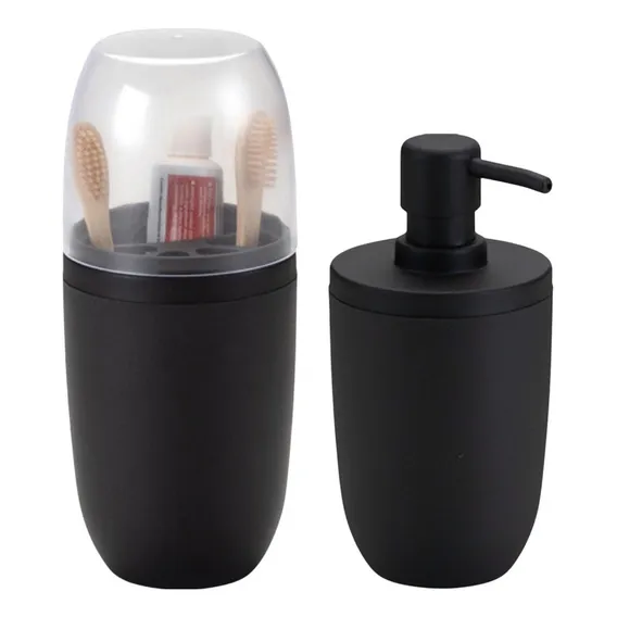 Kit Porta Escova Dispenser Porta Sabonete 500ml Black Lavabo Foto 1