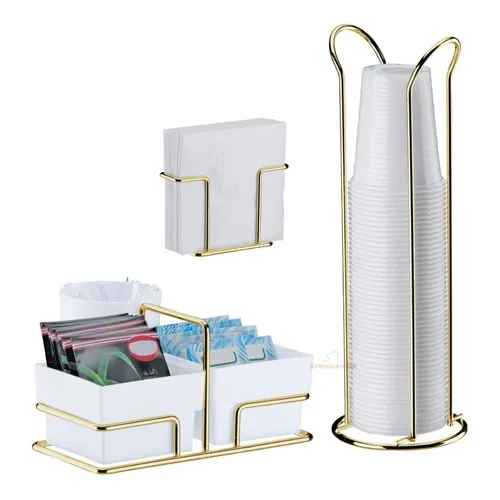 Kit Porta Guardanapos Sachês Chá Suporte Copos Aço Dourado Foto 1