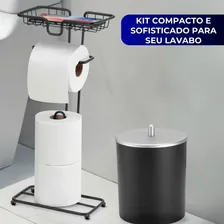 Kit Porta Papel Higiênico Lixeira Lavabo Banheiro Preto Foto mini 2