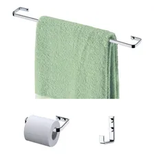 Kit Porta Toalha 60cm + Cabide Aço + Suporte Papel Higiênico Cor Prateado Foto mini 1