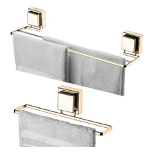 Kit Porta Toalha Duplo Toalheiro Ventosa Lavabo Dourado Cor Preto Foto mini 1