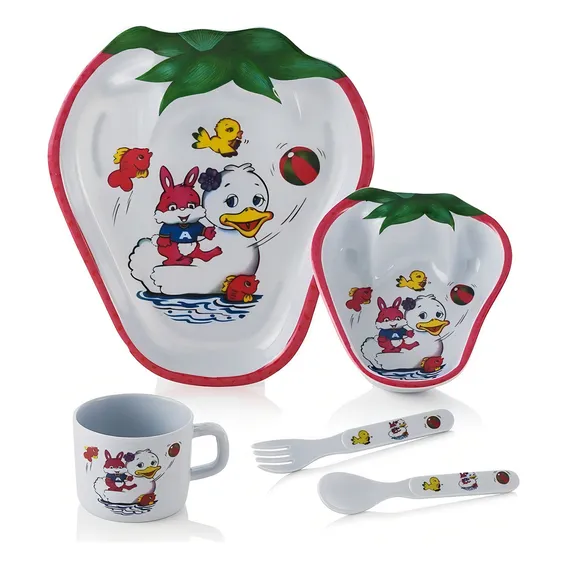 Kit Prato Alimentação Bebe Infantil Melamina - 5 Peças Cor Morango Oceano Personagem Peixes Foto 1