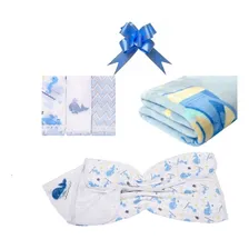 Kit Presente Recem Nascido Toalha Pano Boca E Cobertor Azul Foto mini 1