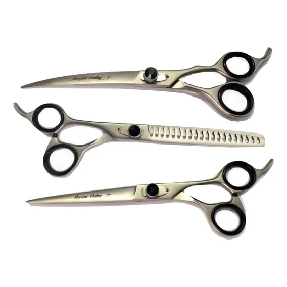 Kit Profissional Com 3 Tesouras Prata - Reta Curva Tubarão Foto 1