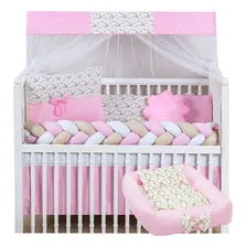 Kit Protetor Berço Trança Rosa Menina Premium+ Ninho Redutor Doce Bebe Foto mini 1