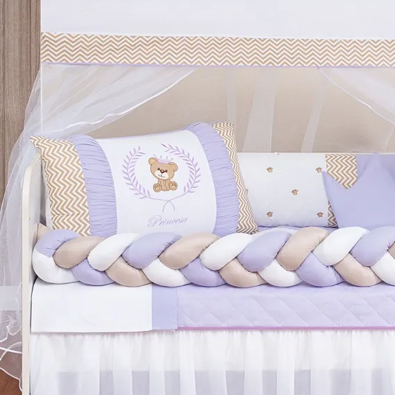 Kit Protetor Berço Trança Ursinho Rosa Americano Baby Menina Cor Lilás Urso Teddy Foto 1