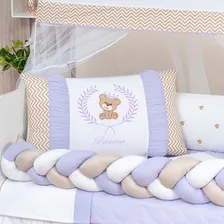 Kit Protetor Berço Trança Ursinho Rosa Americano Baby Menina Cor Lilás Urso Teddy Foto mini 2