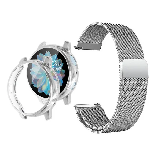 Kit Pulseira + Capa Para Watch Active 2 Proteção Total Cor Prata (pulseira) - Prata (case) Largura 20 mm Foto 1