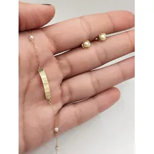 Kit Pulseira Ouro 18k Plaquinha C/nome+brinco PĂ©rolas BebĂȘ Foto mini 2