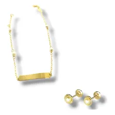 Kit Pulseira Ouro 18k Plaquinha C/nome+brinco PĂ©rolas BebĂȘ Foto mini 1