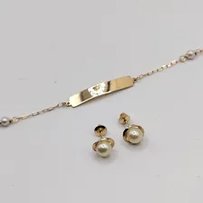 Kit Pulseira Ouro 18k Plaquinha C/nome+brinco PĂ©rolas BebĂȘ Foto mini 3