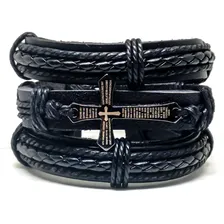 Kit Pulseiras De Couro Bracelete Masculino Preta Foto  mini 1