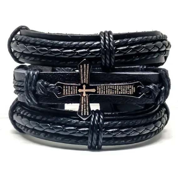Kit Pulseiras De Couro Bracelete Masculino Preta Foto 1
