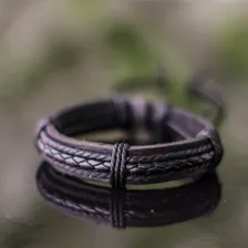 Kit Pulseiras De Couro Bracelete Masculino Preta Foto mini 4
