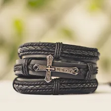 Kit Pulseiras De Couro Bracelete Masculino Preta Foto mini  2