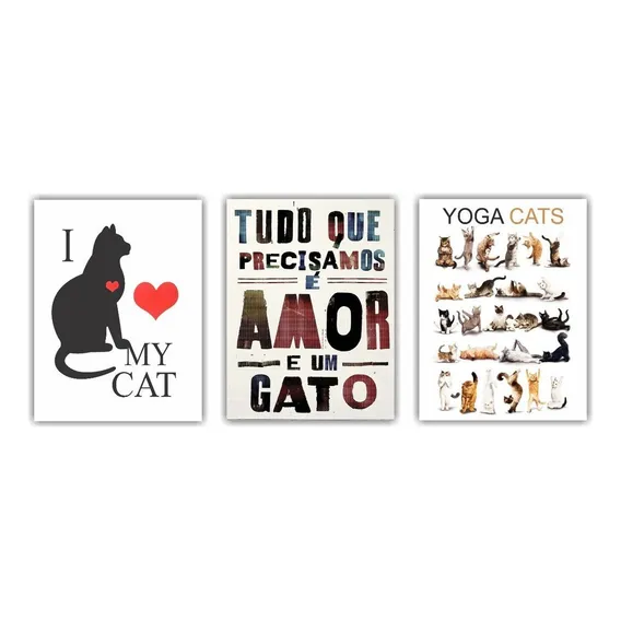 Kit Quadro Decorativo Para Quarto Sala Trio Gatos Gatinhos Gato Foto 1