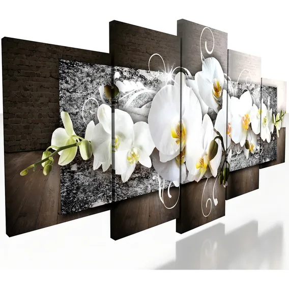 Kit Quadros Decorativo Mosaico 5 Peças Orquídea Branca Mural Foto 1