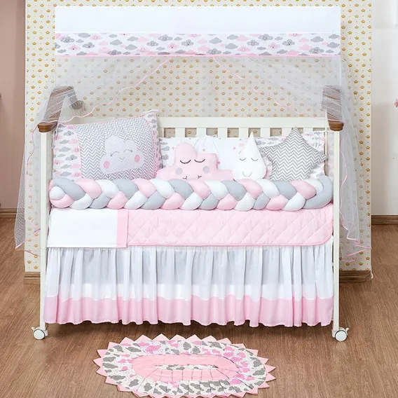 Kit Quarto Bebê Nuvem 13 Peças C/ Tapete E Berço Rosa Foto 1