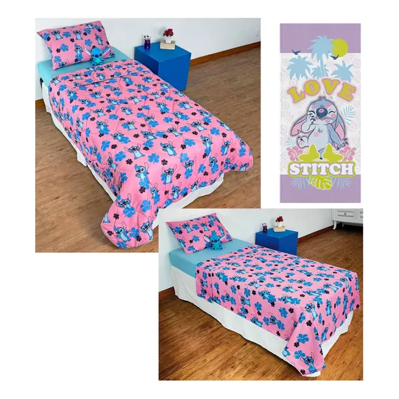 Kit Quarto Stitch Rosa Edredom, Jogo De Cama E Toalha Foto 1