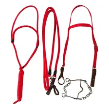 Kit Rédea Cabresto Poli Freio Inox E Cabeçada Para Cavalos Cor Vermelho Foto  mini 1