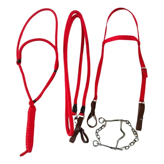 Kit Rédea Cabresto Poli Freio Inox E Cabeçada Para Cavalos Cor Vermelho Foto 1