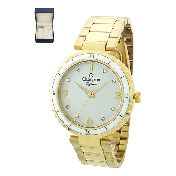 Kit Rel贸gio Champion Feminino Dourado Colar e Brincos Luxo Cn25270w Foto 1
