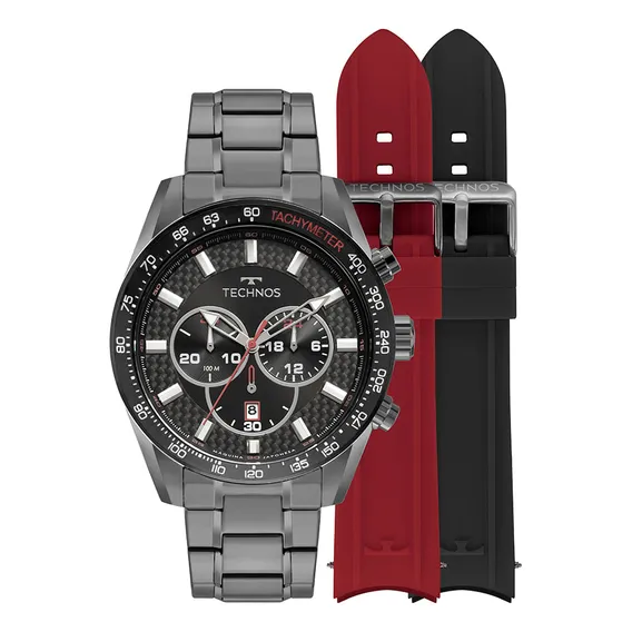 Kit Relógio + Pulseiras Technos Grafite Masculino Js25bbs/t1 Correia Cinza Bisel Preto Fundo Preto Foto 1