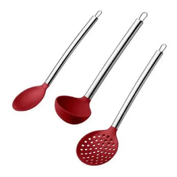 Kit Silicone Vermelho Concha Escumadeira Colher De Arroz Foto 1