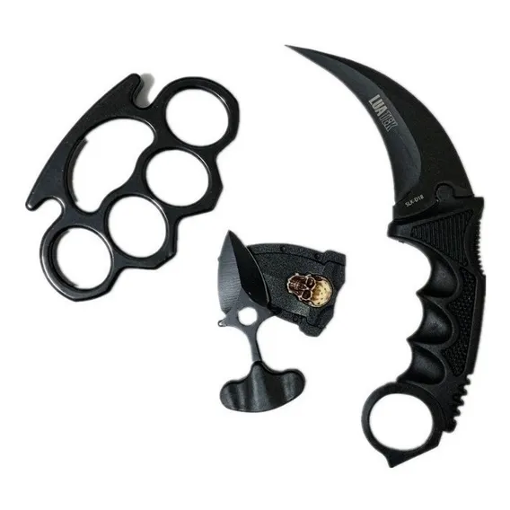 Kit Soco Inglês Aço + Faca De Pescoço Karambit + Push Dagger Cor Preto Liso Foto 1