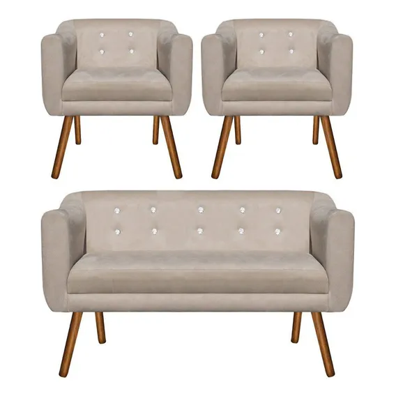 Kit Sofá Retrô E 02 Poltronas Julia Suede Bege Com Strass Foto 1