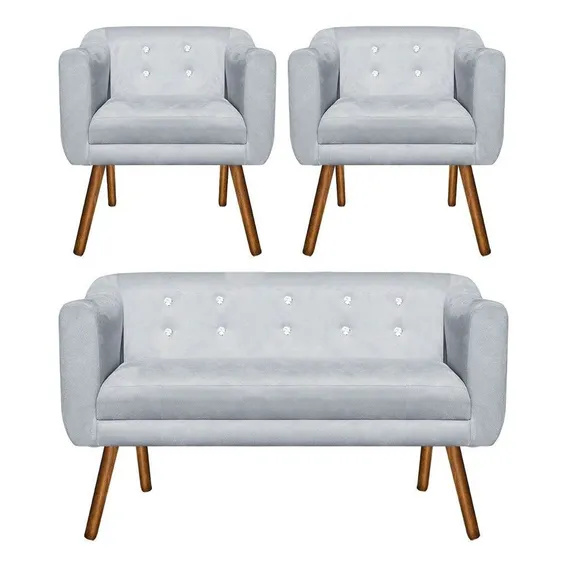 Kit Sofá Retrô E 02 Poltronas Julia Suede Cinza Com Strass Foto 1