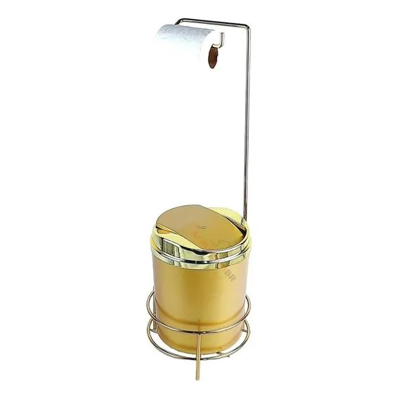 Kit Suporte Papel Higiênico Lixeira 5l Banheiro - Dourado Foto 1