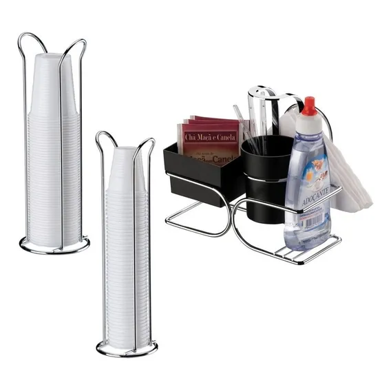 Kit Suporte Sachês Adoçante Guardanapos 2248 + 2 Porta Copos Cor Prateado Foto 1