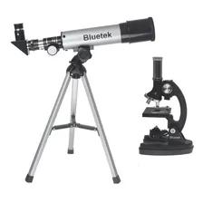 Kit Telesc贸pio Refrator 50mm + Microsc贸pio 300x 600x 1200x Cor Cinza Foto mini 1